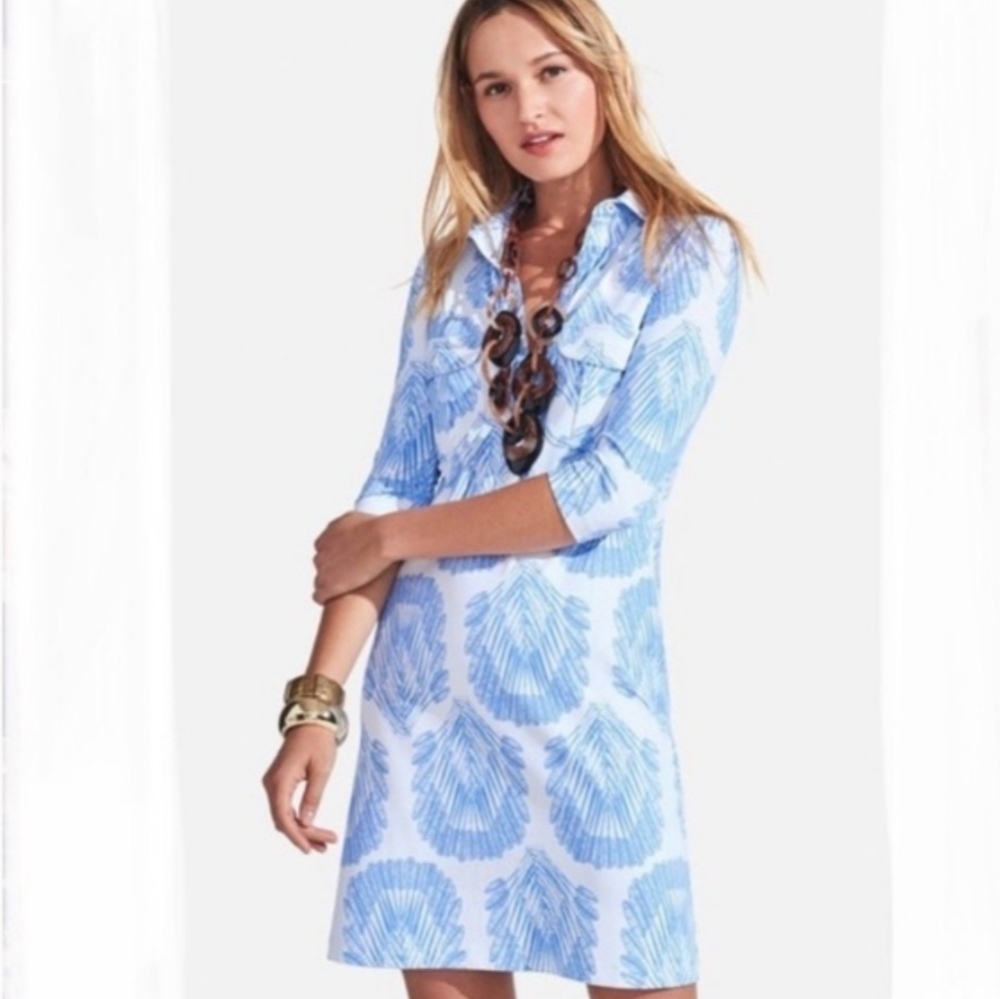 Persifor Winpenny Arrowhead Print Shirt Dress 3/4 Sleeve Geometric Blue White M